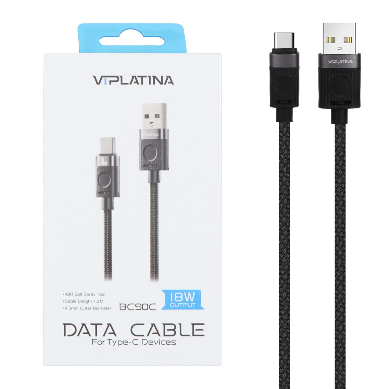کابل شارژ فست VIPLATINA Type-C مدل BC90C 18W - مشکی (گارانتی 18 ماه تعویض نیکان همراه)